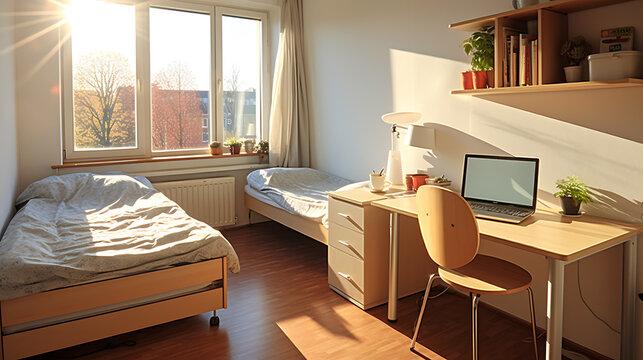 Cozy student room with desk and bed